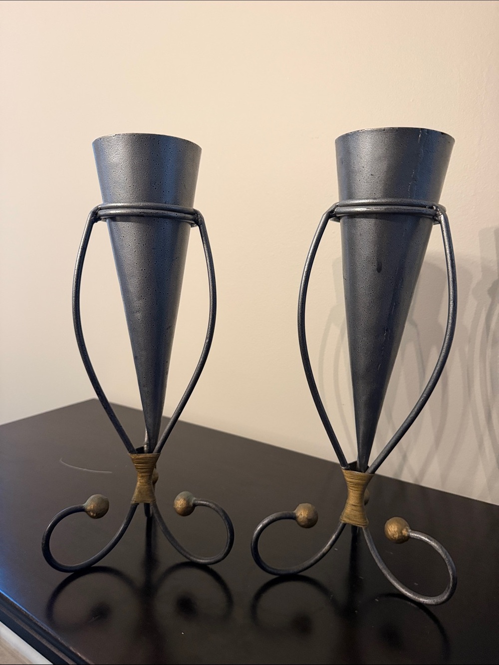 Source Unknown Metallic Gray and Gold Cone Table Vases - Pair